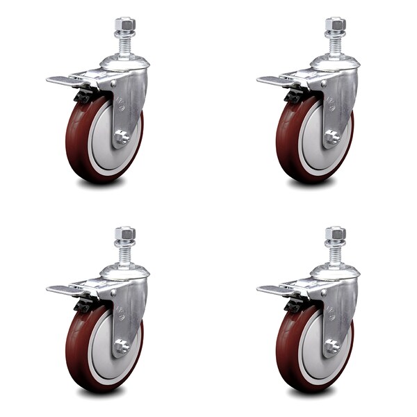 Service Caster 5 Inch Maroon Polyurethane Swivel 1/2 Inch Stem Caster Set with Total Lock Brake SCC-TSTTL20S514-PPUB-MRN-121315-4 - main